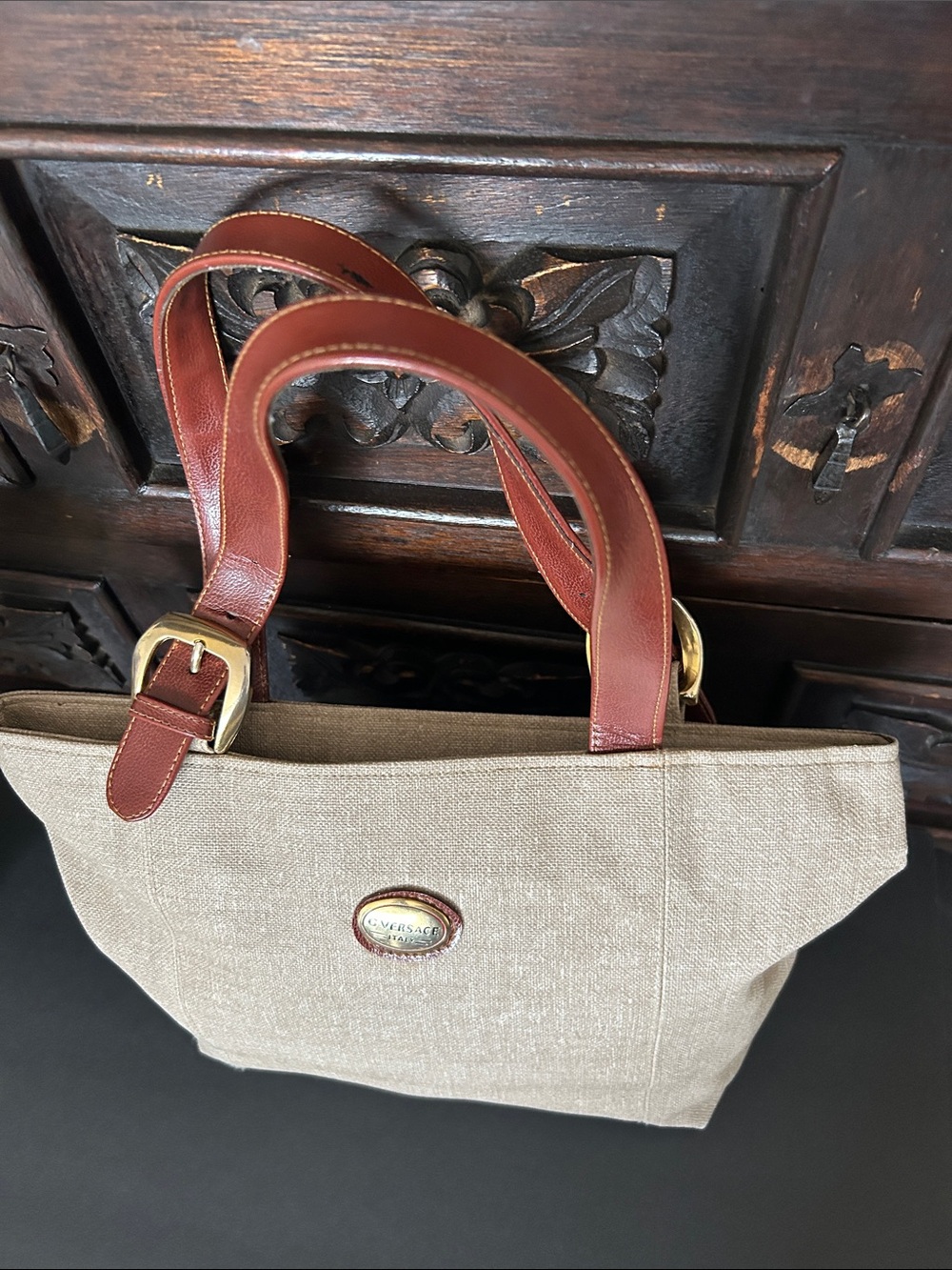 Beautiful Beige Canvas Tote with Brown Leather Straps - Picture 4 of 13